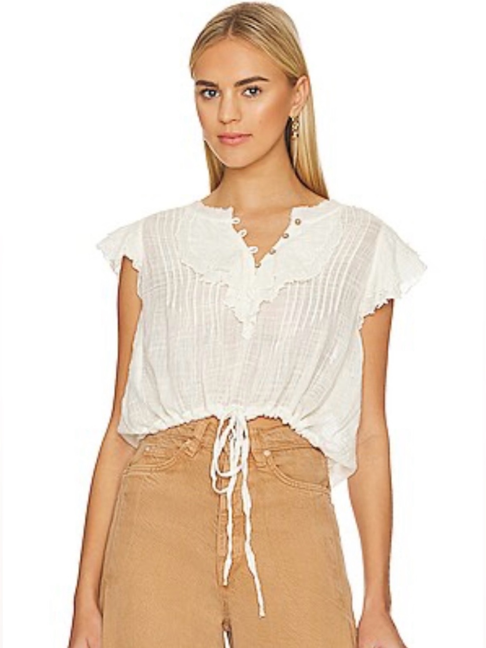 Free People Ivory Ruffle Gauze Blouse -  Size M